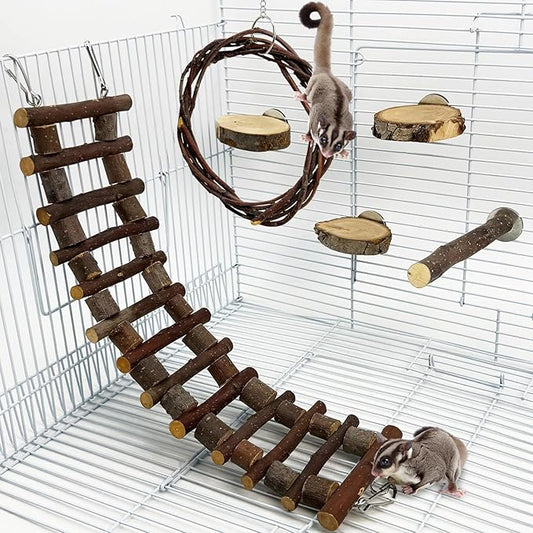 BNOSDM Sugar Glide Cage Accessories 6 Packs Wood Sugar Glider Toys Hanging Cage Ladder Sugar Glider Perch Stand Climbing Platform for Hamster Squirrel