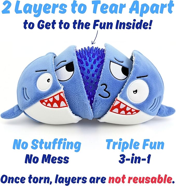 3 in 1 Squeaky Soft Plush Durable Dog Chew Toy for Aggressive Chewers, No Stuffing Interactive Tough Rip & Reveal Crinkle Blue Shark Ball in Gift Box, Puppy, Small & Large Breed Pets Birthday Present