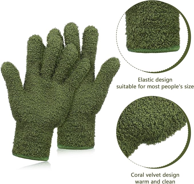 Patelai 2 Pairs Microfiber Gloves for plants Dusting Cleaning Glove Mittens House Cars Blinds Dusting(Olive Drab, Grass Green,Large)