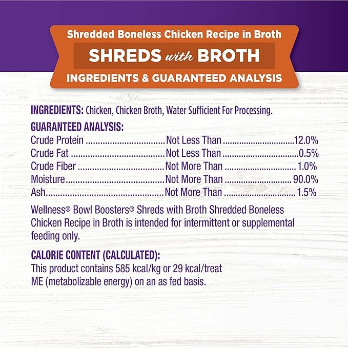Wellness Bowl Boosters Shreds with Broth Wet Cat Food Topper, Grain Free, Natural, Chicken Recipe, 1.75 oz, Pack of 12 Pouches