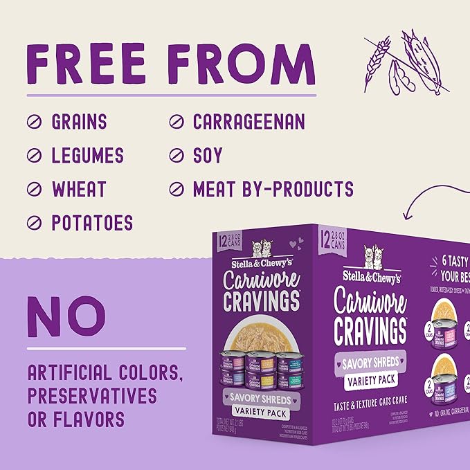 Stella & Chewy’s Carnivore Cravings Savory Shreds Canned Wet Cat Food Variety Pack – (2.8 Ounce Cans, Case of 12)