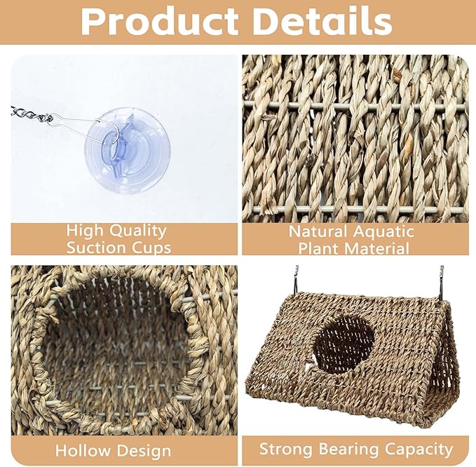 Reptile Hide Cave,Hollow Gecko Hide,Hanging Seagrass Fiber Bearded Dragon Hammock Swing Lizard Cage Climbing Toys with Suction Cups&Chains,Reptile Tank Decor with Simulation Plants-Triangle L
