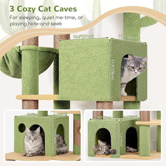 Globlazer Cactus Cat Tree Tall, 71 inches Cat Tower for Indoor Adult Cats Multi-Level 3 Condos for Indoor Cats XL Cat Tree Tower with Scratching Posts, Soft Extra Large Hanging Basket, F71, Green