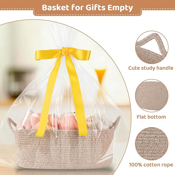 OIASKET Large Empty Gift Baskets for Baby Shower, 16.5" L x 12.6" W x 7" H Cute Woven Storage Basket with Gift Bags and Ribbons, Small Rope Toy Basket with Handles, Cat Dog Pet Toy Organizer - Brown