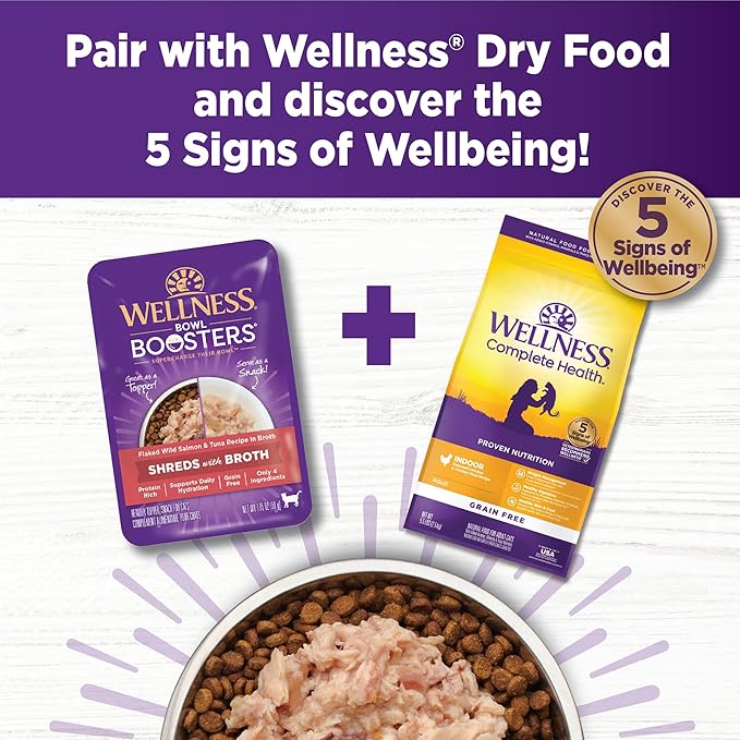 Wellness Bowl Boosters Shreds with Broth Wet Cat Food Topper, Grain Free, Natural, Chicken Recipe, 1.75 oz, Pack of 12 Pouches