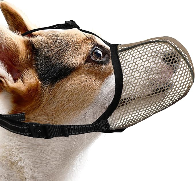 Dog Muzzle, Breathable Soft for Small Dogs to Anti & Prevent Barking Biting Chewing, Reflective & Adjustable Basket Muzzle with Air Mesh for Toy Poodles Brown S