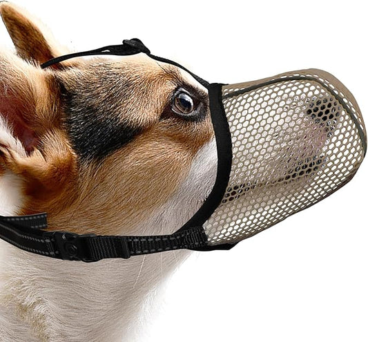 Dog Muzzle, Breathable Soft for Small Dogs to Anti & Prevent Barking Biting Chewing, Reflective & Adjustable Basket Muzzle with Air Mesh for Toy Poodles Brown S