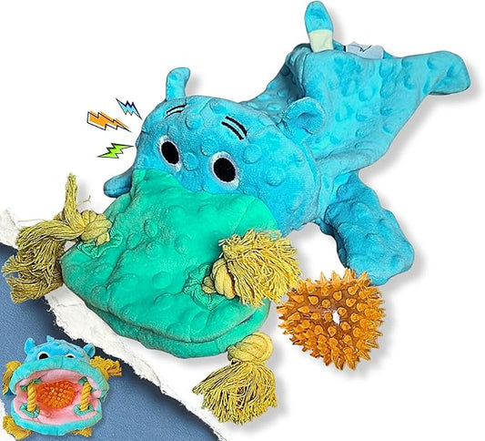 4 in 1 No Stuffing Dog Toy with Squeaker, Ropes & Surprise Play Item inside for Small Medium Large Breeds - Interactive Tug Dog Toy - Great for Cuddling, Playing and Fetch, Soft Blue Plush Hippo