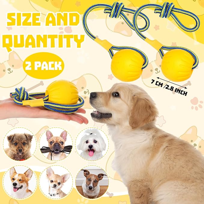 Hsei 2 Pcs Medium Dog Ball on a Rope Rubber Dog Toy with Handle Ball Yellow Floats in Water for Tug Training Rewards Interactive Pet Fetch Catch Throw Outdoor Puppy Teething Medium Pet