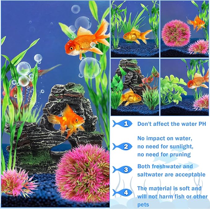 QUOZUO Fish Tank Accessories Aquarium Plants, 10pcs Colorful Fish Bowl Ornaments Plants and Rock Cave Decor Set, Aquarium Decor