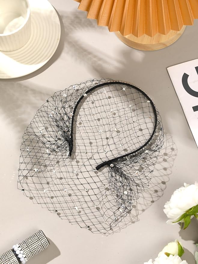Jansun Black Veil Mesh Veil Headband 1920s Headpiece Birdcage Veil Bridal Wedding Tea Party Fascinator Veil for Women