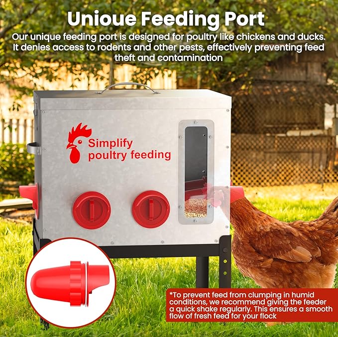 Hiqufet 55 lb Large Automatic Chicken Feeder with Window, 7 No-Waste Ports – Outdoor Metal Chicken Feeders with Adjustable Stand, Rodent-Resistant Design & Riveted Handles for Chicken, Ducks & Poultry