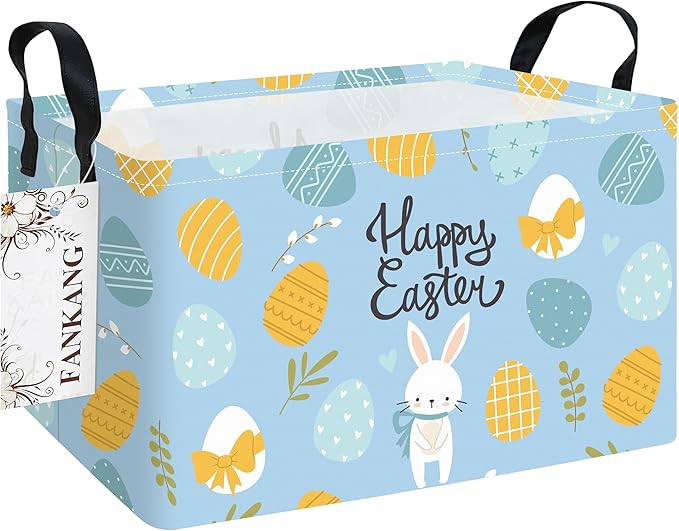 Storage Bins,Nursery Hamper Canvas Laundry Basket Foldable with Waterproof PE Coating Storage Baskets for Boys and Girls, Office, Bedroom, Clothes,Toys(Rec-Easter eggs ）