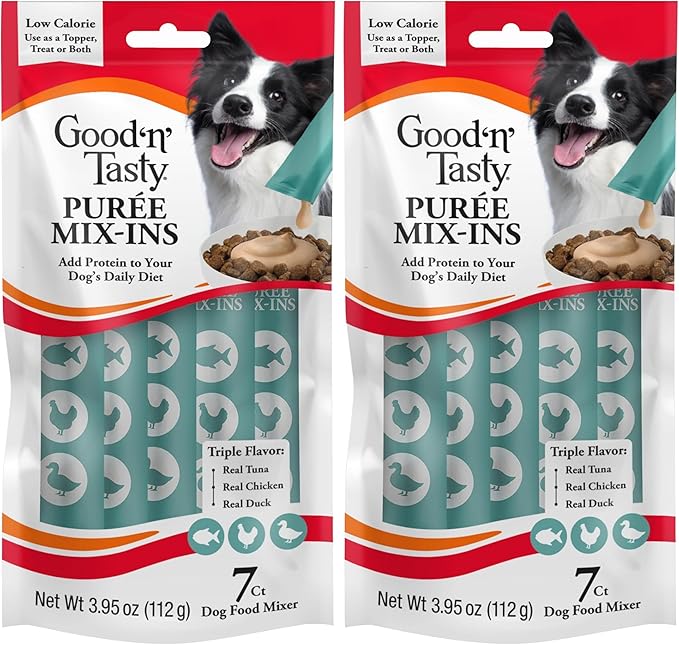 Good 'n' Tasty Triple Flavor Puree Mix-Ins Dog Food Topper Treats for All Dogs, 7 Count, Easy Single-Serve Portions, Added Protein with Tuna, Chicken and Duck (Pack of 2)