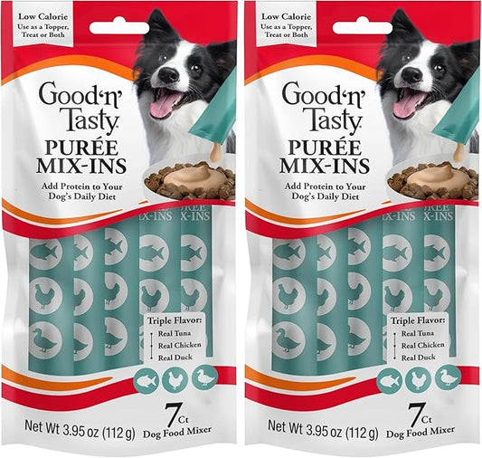 Good 'n' Tasty Triple Flavor Puree Mix-Ins Dog Food Topper Treats for All Dogs, 7 Count, Easy Single-Serve Portions, Added Protein with Tuna, Chicken and Duck (Pack of 2)