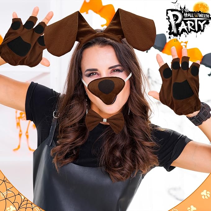 5Pcs Puppy Dog Costume Accessories Set,Dogs Long Ear Headband Nose Tail Gloves Bow Tie for Halloween Cosplay Prop Supplies Decor