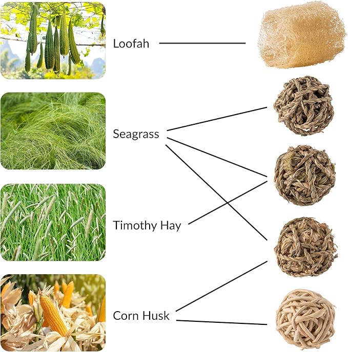 11 Pcs Rabbit Chew Toys, Interactive Bunny Foraging Toy, Natural Materials, Loofah Sponges, Seagrass Balls, Dental Cleaning, Relieve Stress