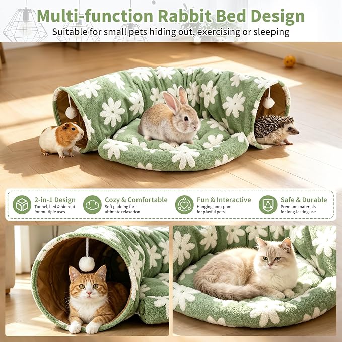BWOGUE Bunny Tunnel Bed, 2-in-1 Collapsible Tunnel Tubes Toys with Removable Mat Hideout for Cats Kittens Rabbits Guinea Pigs Kitty (Flower Green)