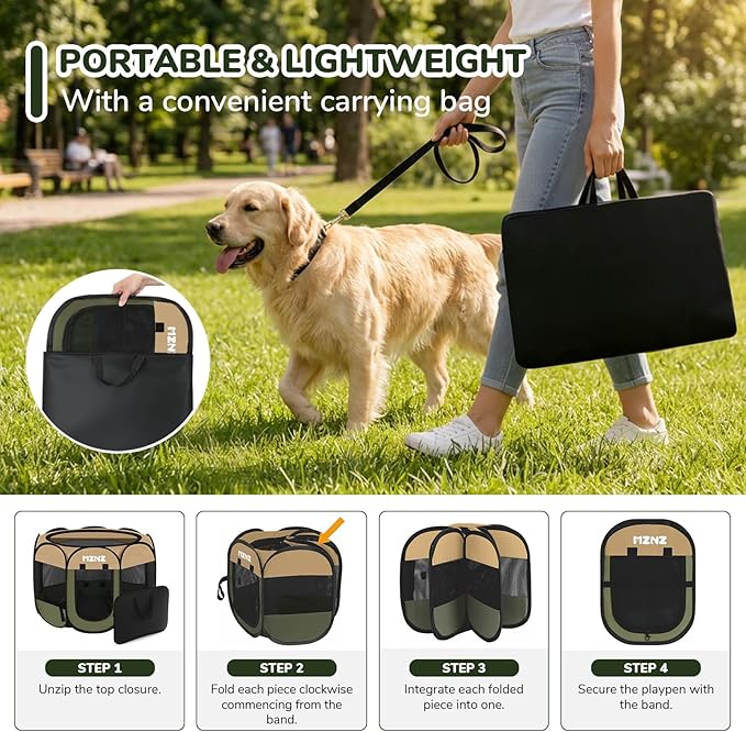 Dog Cat Playpen, Portable Small Animal Playpen Crate Indoor for Dogs Cats Rabbits, Foldable Guinea Pigs Bunny Cage Enclosure Outdoor, Pop Up Dogs Cats Tent Kennel with Carrying Case, Olive Green