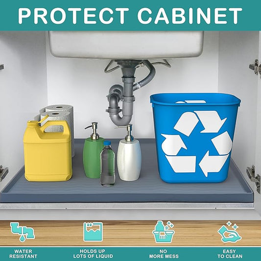 URMONA Waterproof Silicone Under Sink Mat 25'' x 19'' Shelf Liner for Kitchen and Bathroom, Cabinet and Counter Protector, Storage and Organizers, Litter Mat, Pet Cat Puppy Essentials(Black)