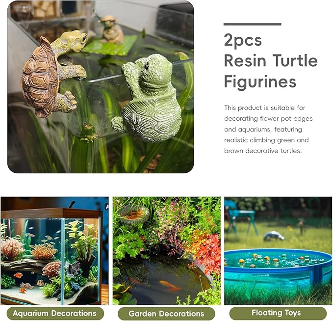 2pcs Resin Turtle Figurines for Pot Edge and Aquarium Decor, Realistic Climbing Green and Brown Decorative Turtles