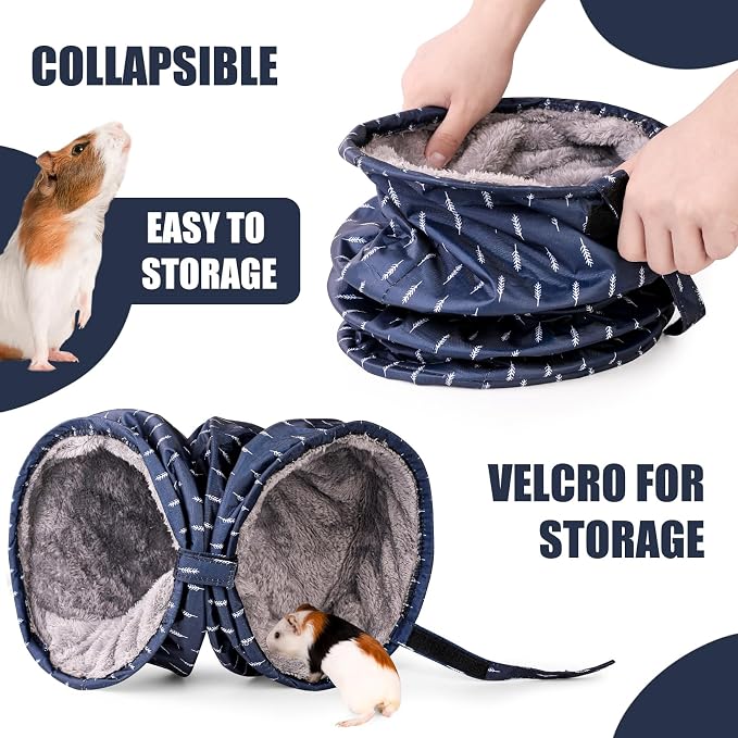 Rabbit Tunnel - Guinea Pig Tunnel, Guinea Pig Tube, 2-Way Small Pet Play Tube, Folds Flat for Storage, Ideal for Adult Small Pets, Dark Blue, Leaf Pattern