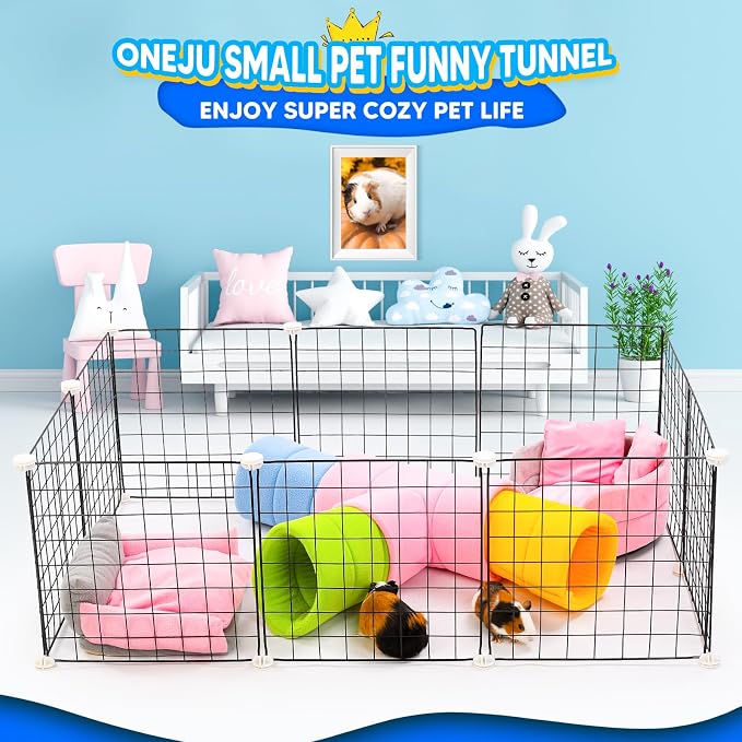 Guinea Pig Tunnel, Four Stackable Tunnels for Guinea Pig, One Pink 3-Way Tunnel and Three 2-Way Play Tube, Pink, Blue, Green and Yellow