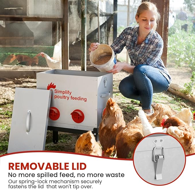 Hiqufet 40 lb Large Automatic Chicken Feeder with 6 No-Waste Ports – Outdoor Metal Chicken Feeders with Adjustable Stand, Rodent-Resistant Design & Riveted Handles for Chickens, Ducks & Poultry