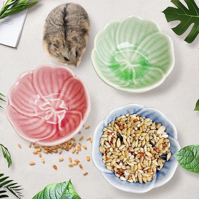 BNOSDM 2 Pcs Hamster Ceramic Food Bowl Flower Series Gerbil Drinking Bowls Anti-Turning Food & Water Dish for Dwarf Syrian Hamsters Gerbil Chinchilla（Blue, Narcissus Pattern）