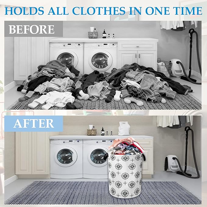 Black Compass Laundry Basket Collapsible Laundry Hamper Clothes Toy Storage Bin for Bathroom Bedroom Room Decor 16" X 20.8"