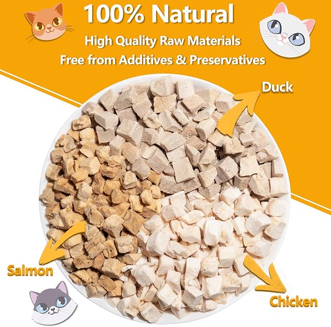 Freeze Dried Cat Food, 3 in 1 Natural Freeze Dried Meat - Chicken, Duck, and Salmon Recipe for Cats, Grain-Free Protein Rich Cat Kitten Food 5.7oz