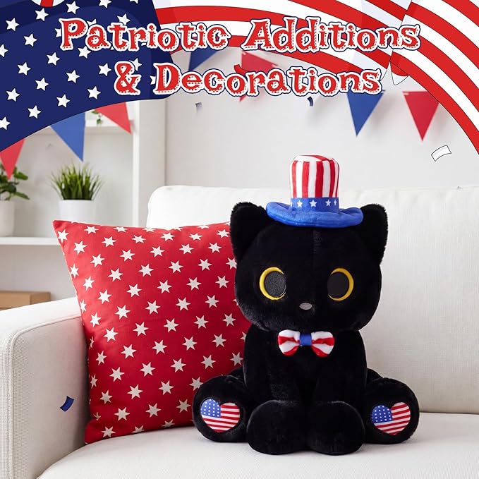 Black Cat Plush with USA Hat & Bow Tie - 8" Cute Stuffed Animal for 4th of July, Memorial Day Decorations & Kawaii Plushie Gifts for Kids Adults