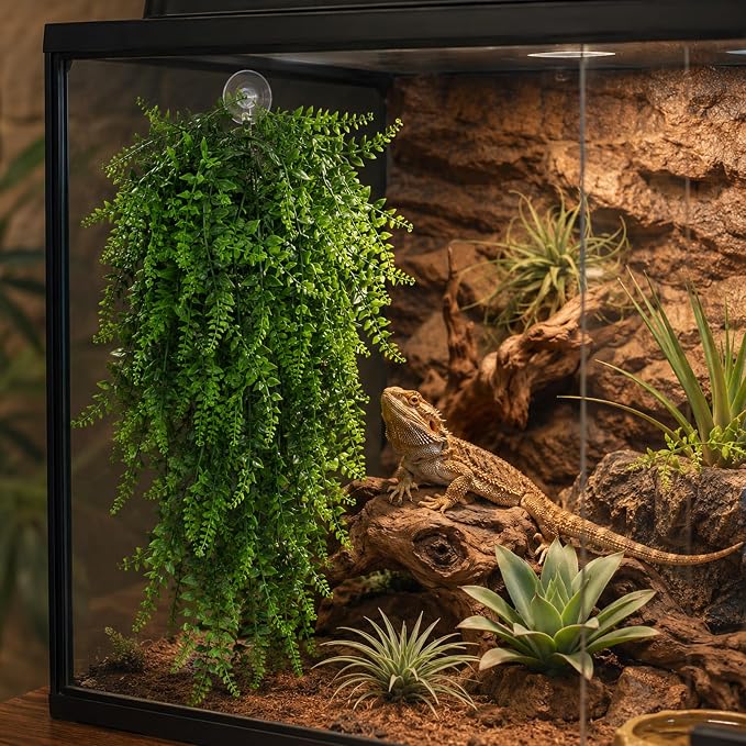HERCOCCI 4 Pack Reptile Plants, Terrarium Hanging Plants Vines Artificial Leaves Habitat Decorations with Suction Cup for Bearded Dragon Hermit Crab Lizard Snake Geckos Chameleon