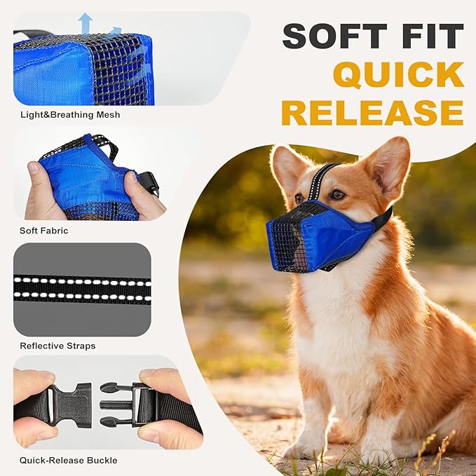 Mesh Dog Muzzle, Breathable Soft Dog Muzzle with Reflective Straps for Secure Fit, Prevents Biting, Chewing Scavenging- Adjustable for Small Medium Large Dogs,Blue,M