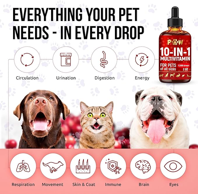 Liquid Multivitamin for Dogs with Glucosamine – Help with Allergies & UTIs – Dog Vitamins and Supplements – Cat Multivitamin for Hips & Joints – B, C & D3 for Coat Shining & Digestion – 2 oz