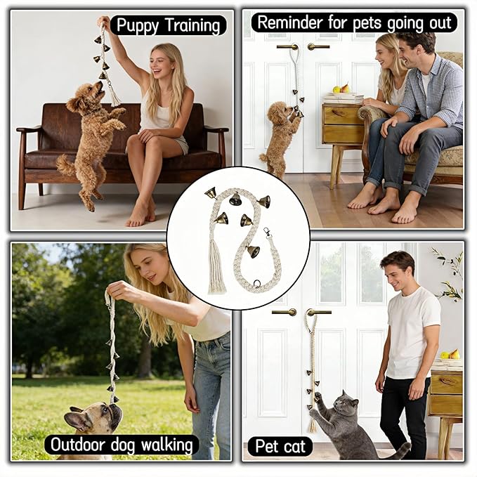Dog Doorbell for Potty Training with 6 Extra Loud Bells - Handmade Cotton Rope Adjustable Hanging Pet Bell, Indoor/Outdoor Use for Small Medium Large Dogs (Beige/Bronze Tone)