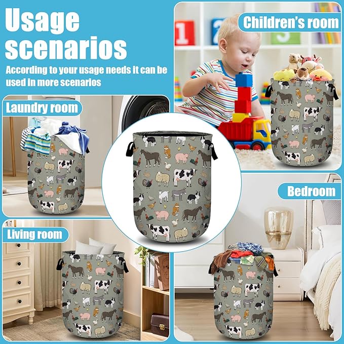 Funny Farm Animal Laundry Basket, Laundry Hamper Collapsible Oxford Cloth with Handle Clothes Storage Bin for Bathroom Laundry Room Bedroom 15.7 X 20 Inch