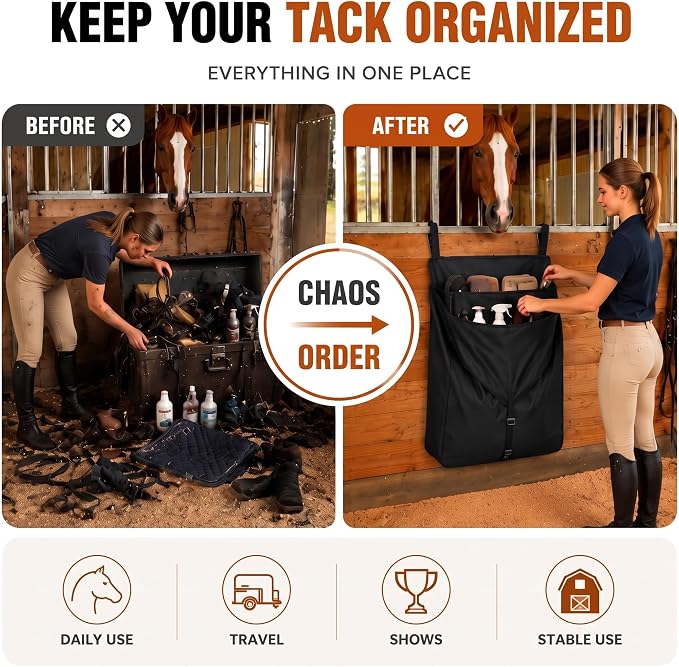 Dansydaisy Black Large Horsewear Bag Stall Front Horse Blanket Storage Bag Durable 600D Oxford 29.5 x 24.5 x 9 in Fabric Portable Easy to Hang Horse Tack Holder Accessories for Keep Organized
