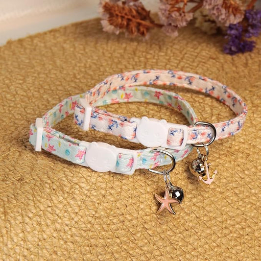 Cat Collars for Girl Cats & Boys, 2 Pack Soft Cotton Breakaway Collar with Removable Bell and Cute Charms, Adjustable Safety Pet Necklace, Ocean