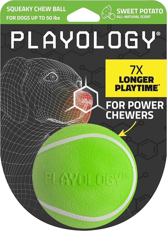 Playology Dog Toys | Squeaky Chew Ball for Dogs | Sweet Potato Scented Medium Dog Ball | Bouncy Floating Chew Toys for Fetch
