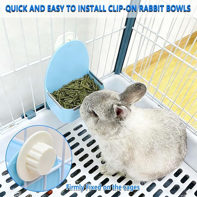 kathson Food and Water Bowl Cage Feeder for Rabbits Dish Feeder Removable Hanging Spill Proof Anti Bite for Rabbit, Guinea Pig, Chinchilla, Hamster, Ferret (Blue)