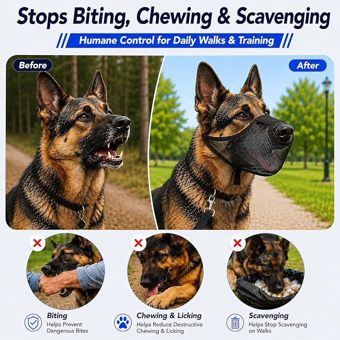 Dog Muzzle, Soft Air Mesh Muzzles for Large Sized Dogs, Breathable Dog Mussels for Scavenging Biting Licking & Barking, Adjustable Mouth Guard with Front Opening, Allows Panting and Drinking (Black,L)