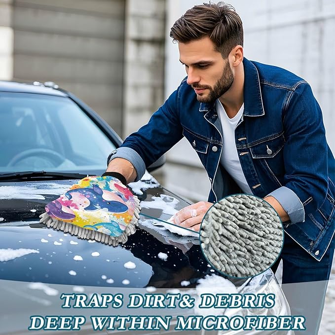 Car Wash Mitt Microfiber Wash Mitts for Car Washing Scratch-Free Cleaning Gloves Soft Non Absorbent Chenille Auto Hand Mitt Large 2Pack Tie Dye Whales and Fishes