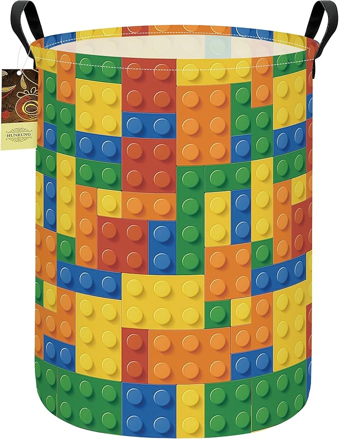 Collapsible Fabric Storage Basket, Waterproof Laundry Hamper with Handles, Round Storage Bin for Clothes Toys, Foldable Organizer for Bedroom Nursery Bathroom(Round-Colorful Blocks)