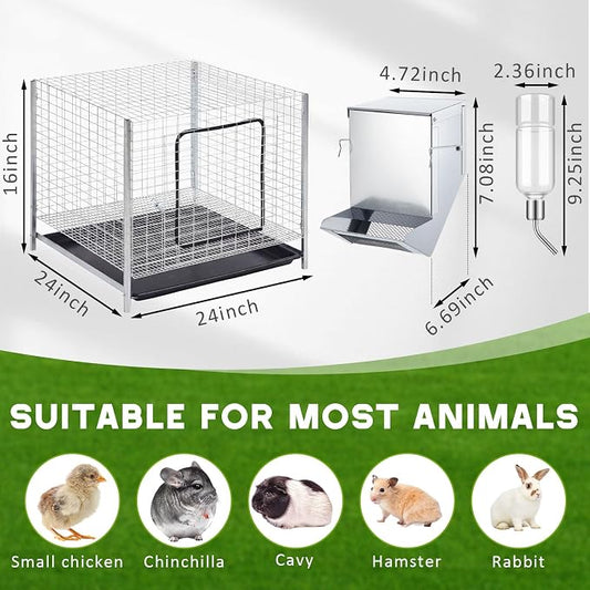 1 Set 24 x 24 x 16 Inch Stackable Rabbit Breeding Cage Complete Kit with Feeder and Water Bottle Foldable Metal Small Hutch with Tray and Stand for Guinea Pig Ferret Bunny Easy to Clean