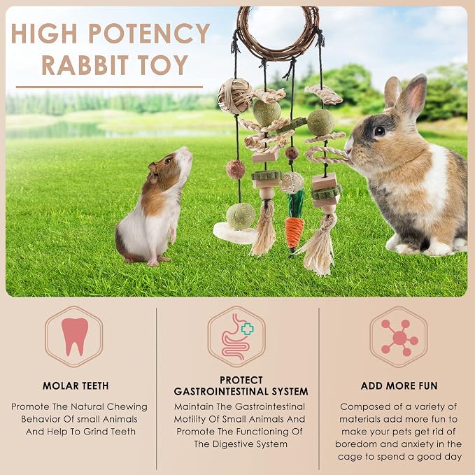 Bissap Bunny Chew Toy, 2 Packs Rabbits Cage Hanging Chew Toys and Treats Rattan Ring with Snacks for Guinea Pigs Chinchillas Hamsters Rats and Other Small Pets Teeth Grinding