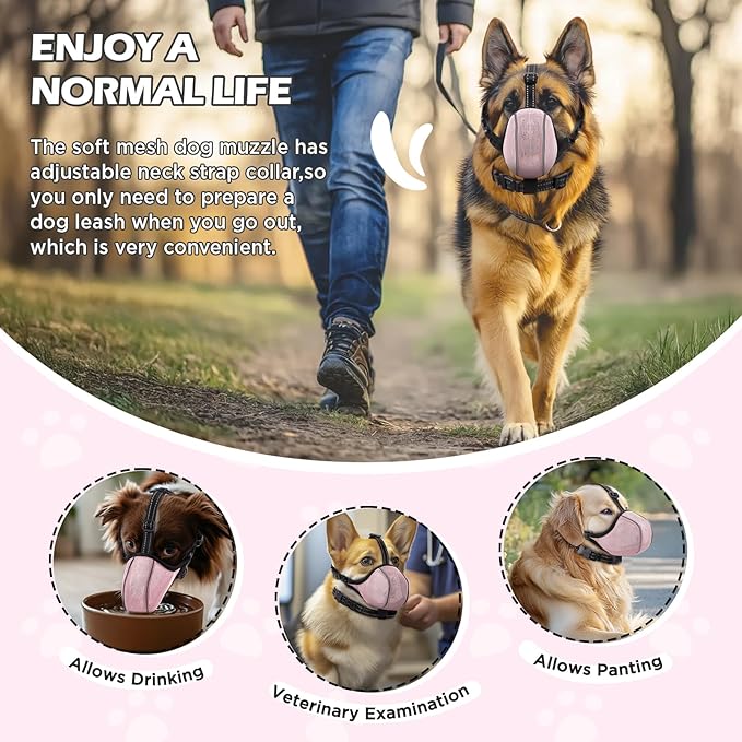 Dog Muzzle - Soft Breathable Mesh Nylon Adjustable Muzzle for Small Medium Large Dogs | Prevents Chewing,Biting & Scavenging | Allows Panting, Drinking & Grooming | Secure Collar Strap Design(Pink M)