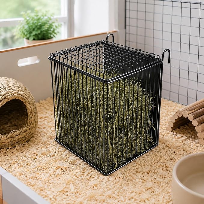 Gralara Rabbit Hay Holder with Hook for Cage Food Dispenser Hanging Guinea Pig Hay Feeder Storage Basket for Outside Chinchillas, 26cmx27.5cmx31.5cm
