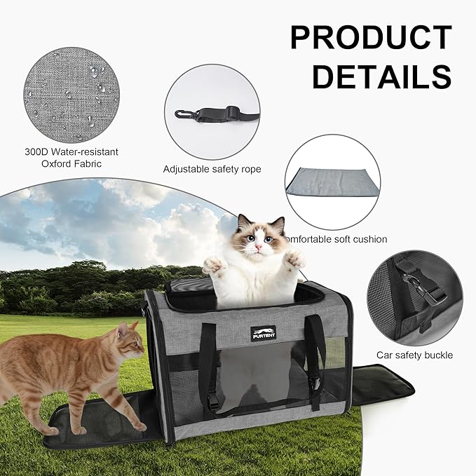 Soft Sided Cat Carrier for Large Cats, Pet Carrier for 2 Cats or Small Dogs Up to 25Lbs, Large Cat Carrier with Shoulder Strap, Cat Car Carrier with Safety Buckle & Cushion, 20x13x13 inches, Grey