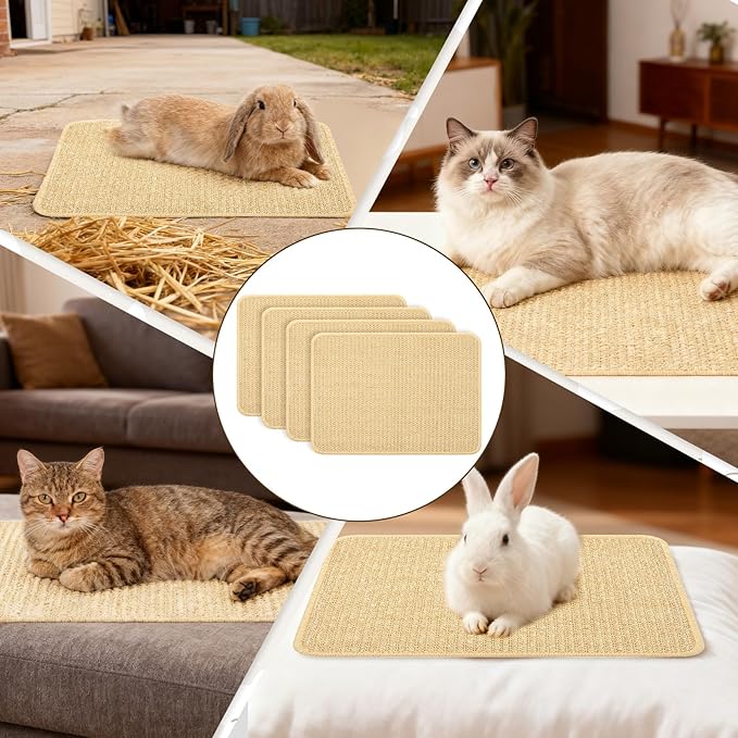 SHENLIU 4Pcs Bunny Scratch Pads, 16"x12" Sisal Rabbit Scratching Pad Claws and Teeth Care Rabbit Mats for Cages Chew Toys Bunny Pet Cage Bedding